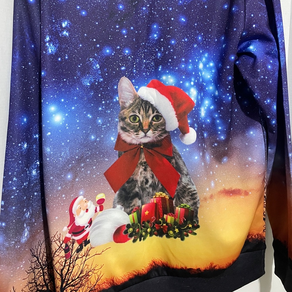 Intergalactic Kitty Christmas Sweater MEDIUM Printed Crewneck CAT Santa Holiday